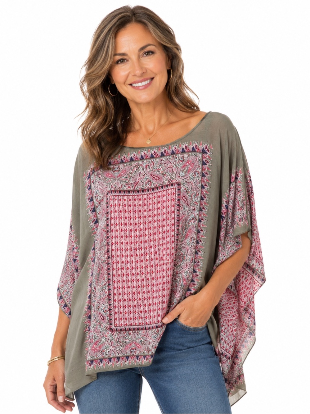 Chic Women's Tunic in Pink and Gray Paisley